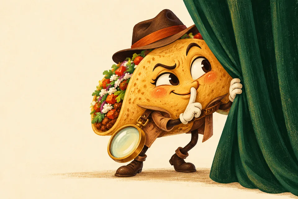 Taco detective peeking around a forest-green curtain